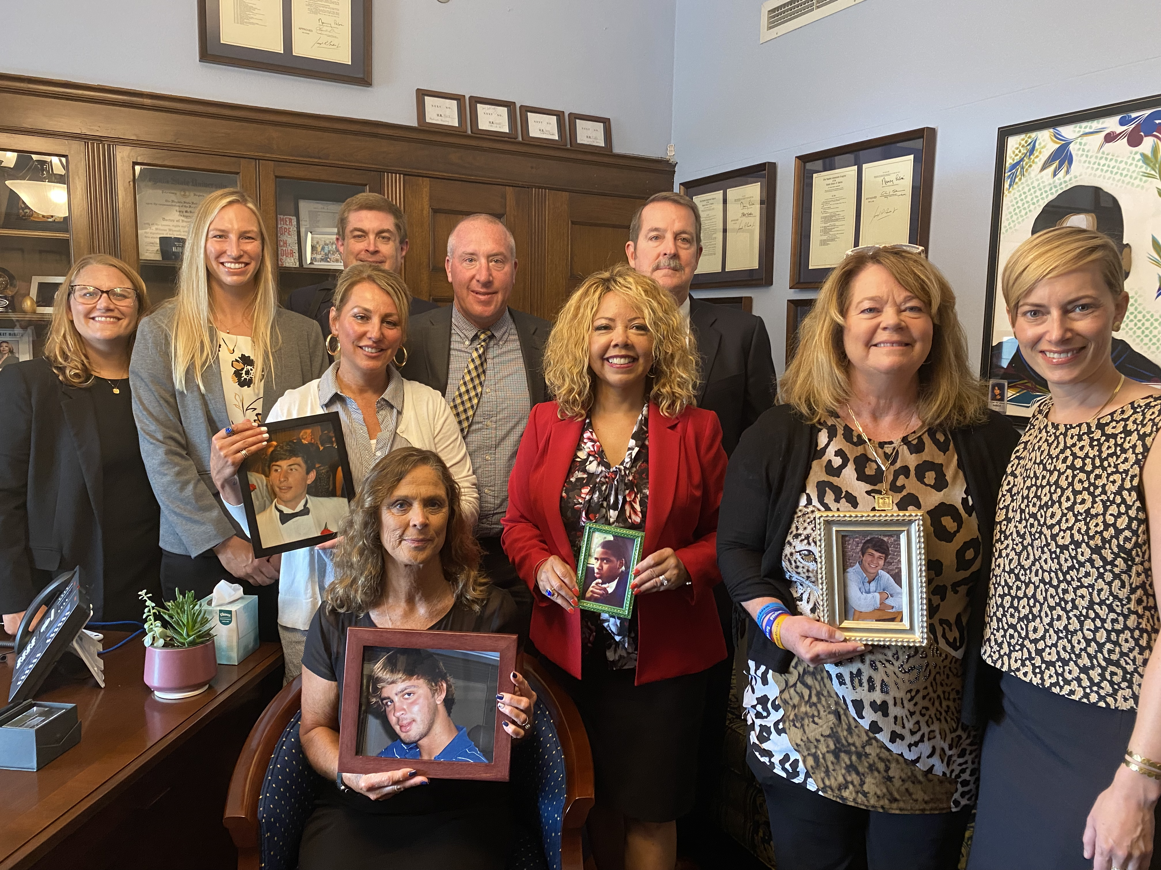 Staff from Clery Center, StopHazing, and Safe Campuses LLC, and parents of children who were killed or seriously injured by hazing with U.S. Representative Lucy McBath, July 2022.