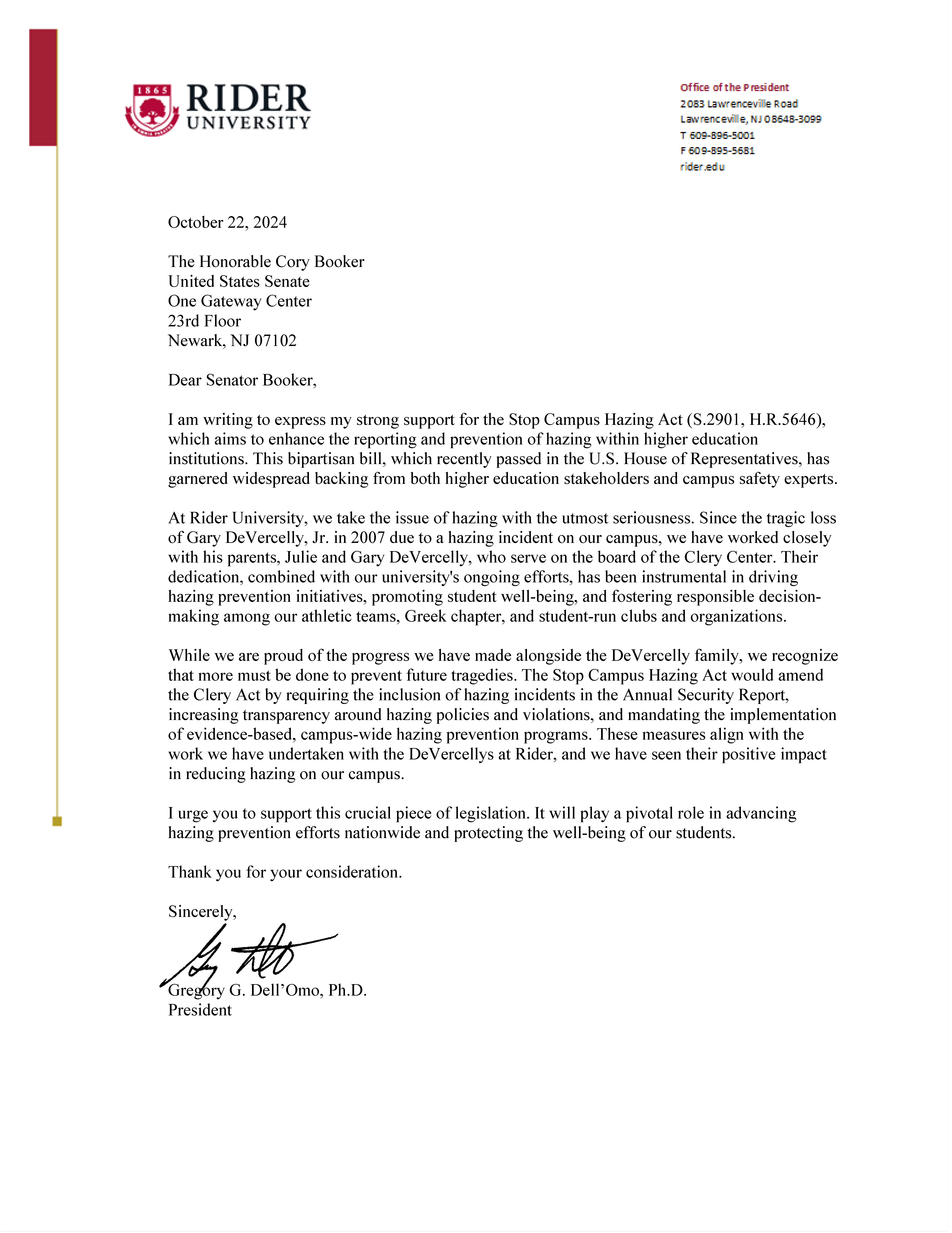 Rider University President letter to Senator Booker