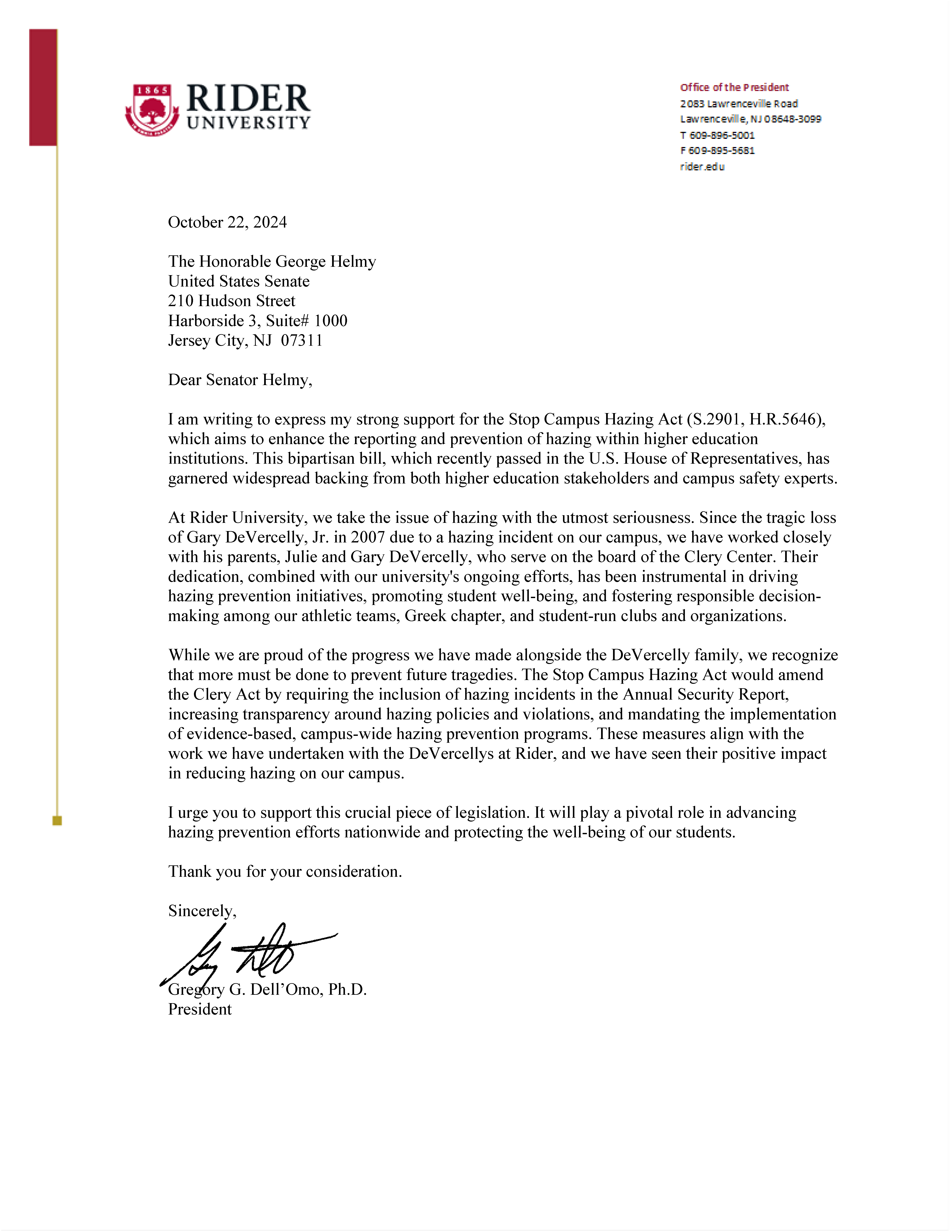 Rider University President letter to Senator Helmy